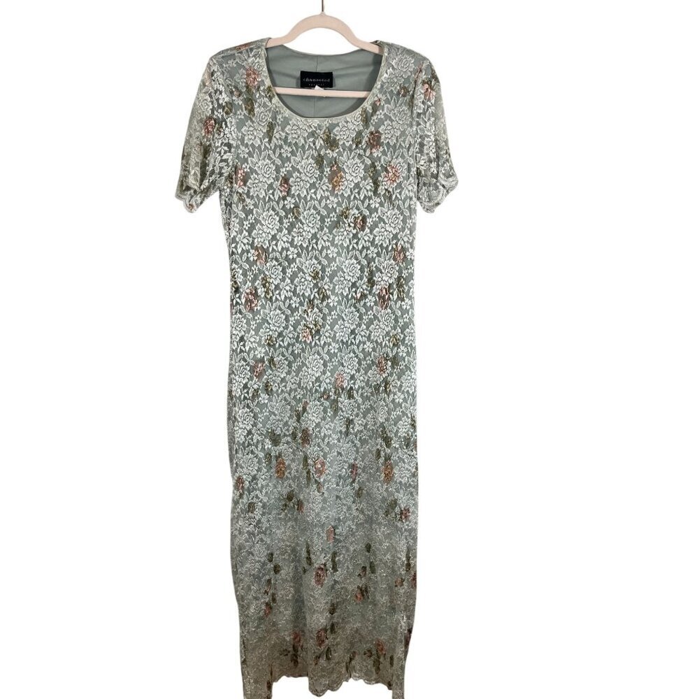 Retro‎ Floral Cottagecore Maxi Dress 12 Green Sheer Boho Indie Folk Classic Chic